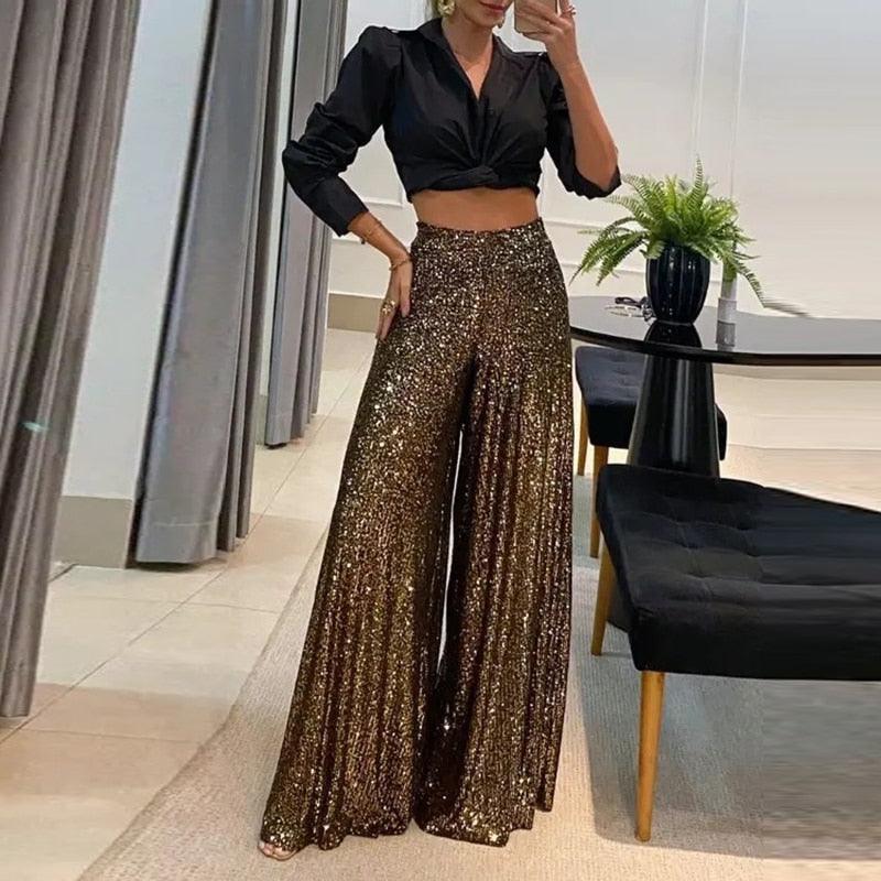 Women's High-Rise Sequin Pants with Wide Legs and Pleats