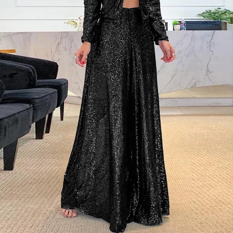 Women's High-Rise Sequin Pants with Wide Legs and Pleats