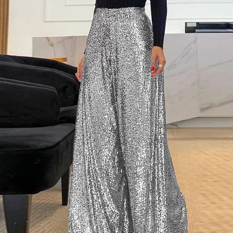 Women's High-Rise Sequin Pants with Wide Legs and Pleats
