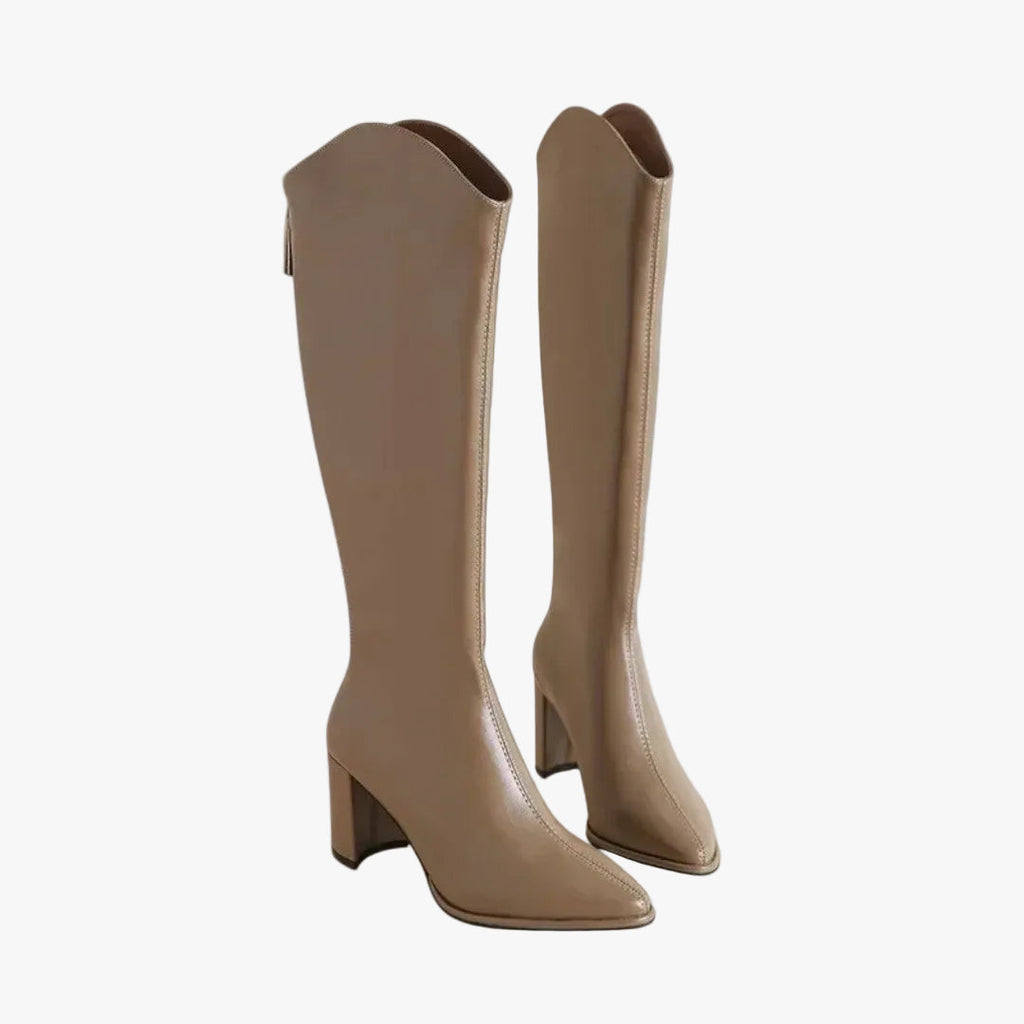 Women's Knee-High Faux Boots with Block Heel and Pointed Toe
