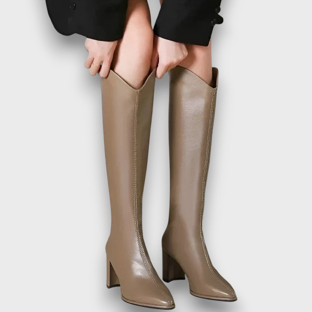 Women's Knee-High Faux Boots with Block Heel and Pointed Toe