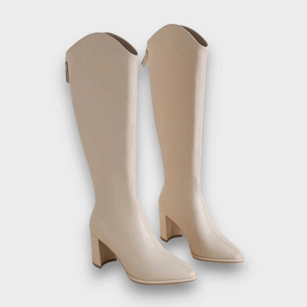 Women's Knee-High Faux Boots with Block Heel and Pointed Toe