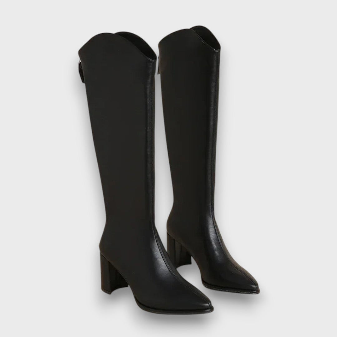 Women's Knee-High Faux Boots with Block Heel and Pointed Toe