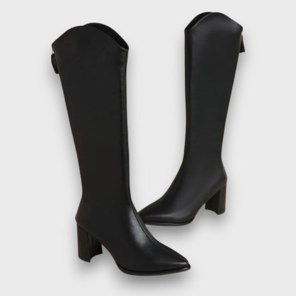 Women's Knee-High Faux Boots with Block Heel and Pointed Toe