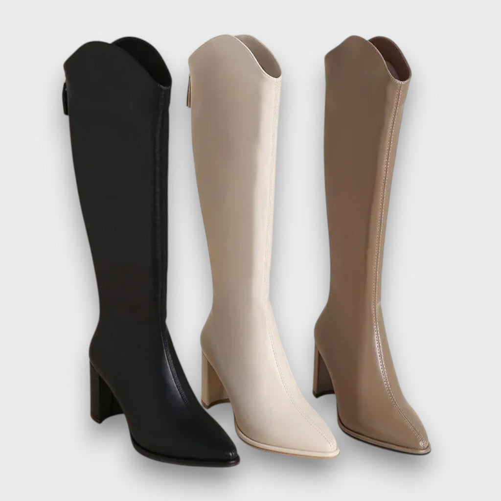 Women's Knee-High Faux Boots with Block Heel and Pointed Toe