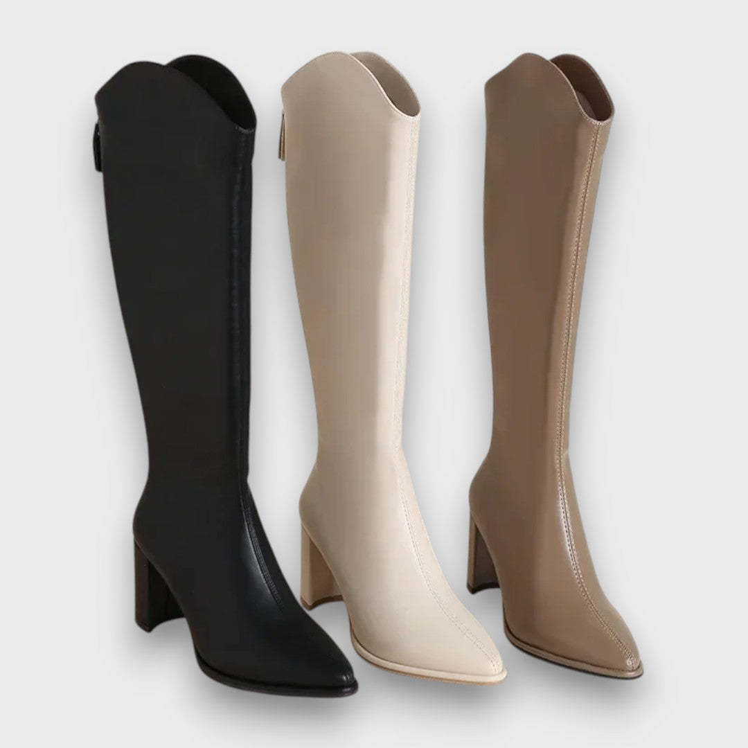 Women's Knee-High Faux Boots with Block Heel and Pointed Toe