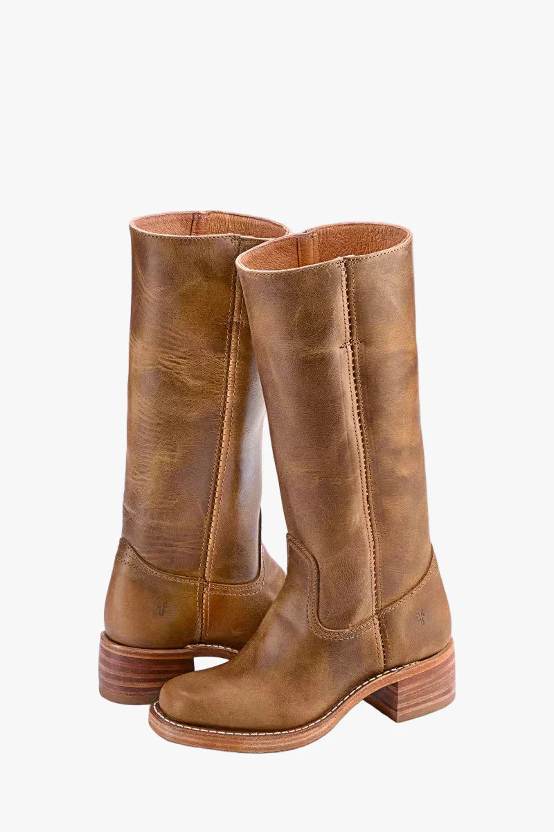 Women's Knee-High Faux Upper Boots with Block Heel and Round Toe