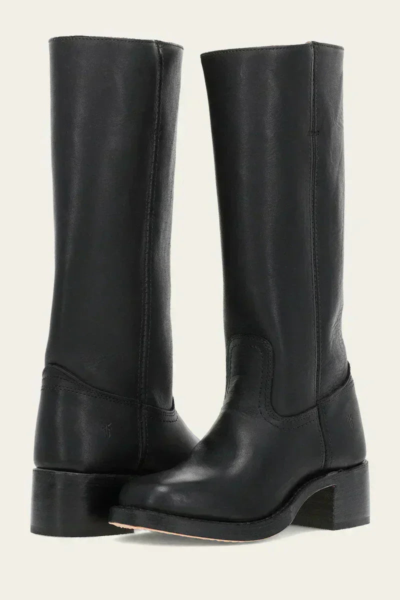 Women's Knee-High Faux Upper Boots with Block Heel and Round Toe