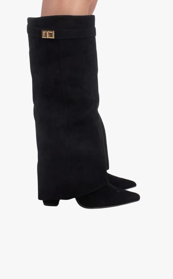 Women's Knee-High Synthetic Boots with Buckle Strap and Side Zipper