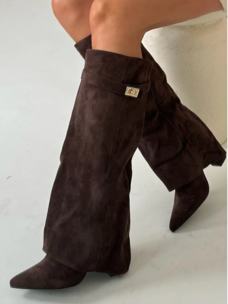 Women's Knee-High Synthetic Boots with Buckle Strap and Side Zipper
