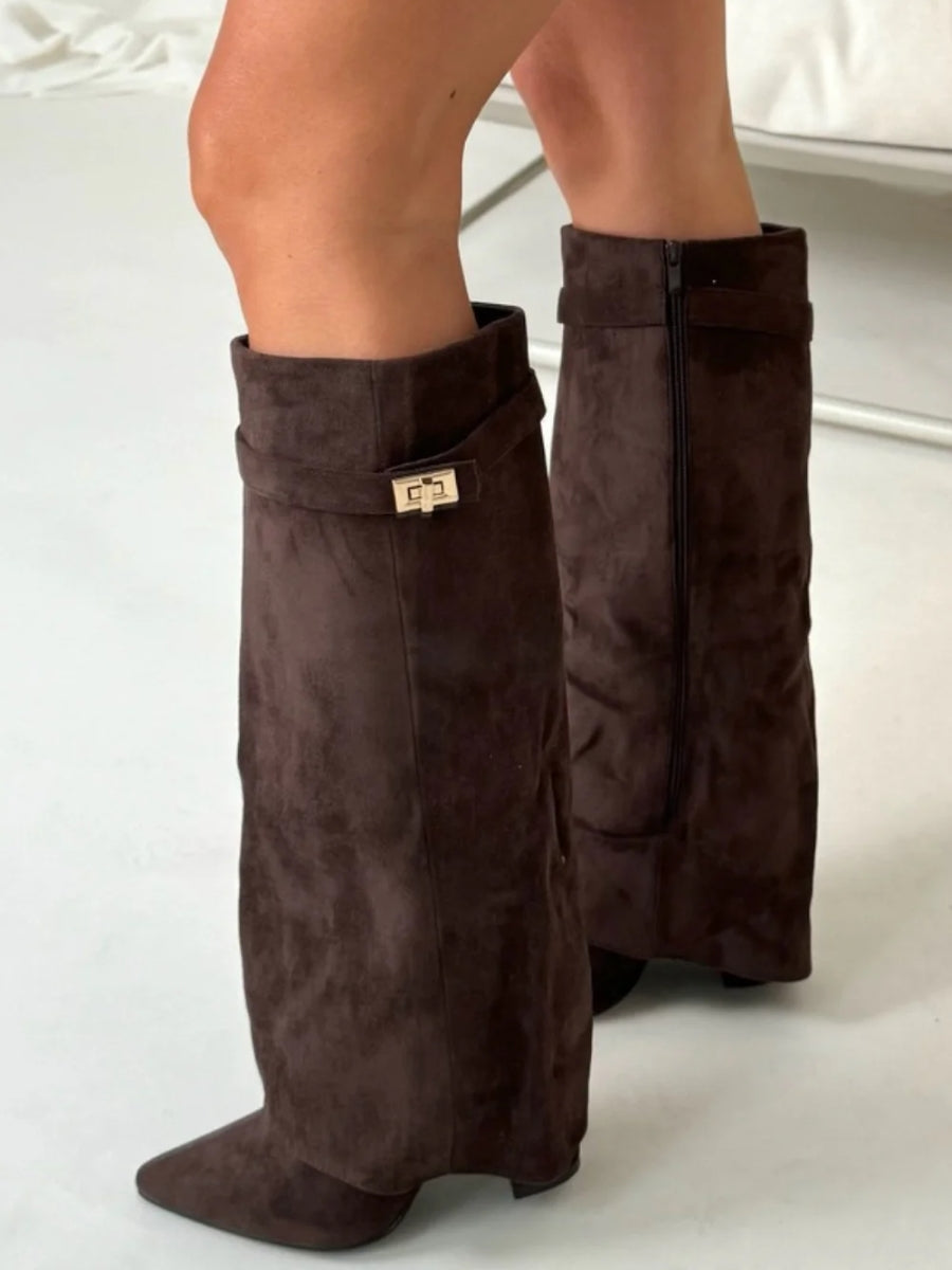 Women's Knee-High Synthetic Boots with Buckle Strap and Side Zipper