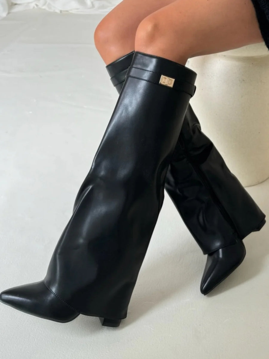 Women's Knee-High Synthetic Boots with Buckle Strap and Side Zipper