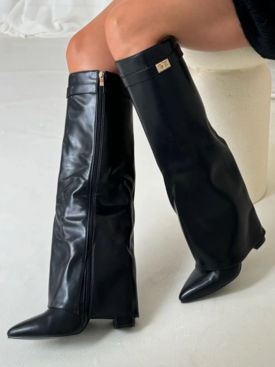 Women's Knee-High Synthetic Boots with Buckle Strap and Side Zipper