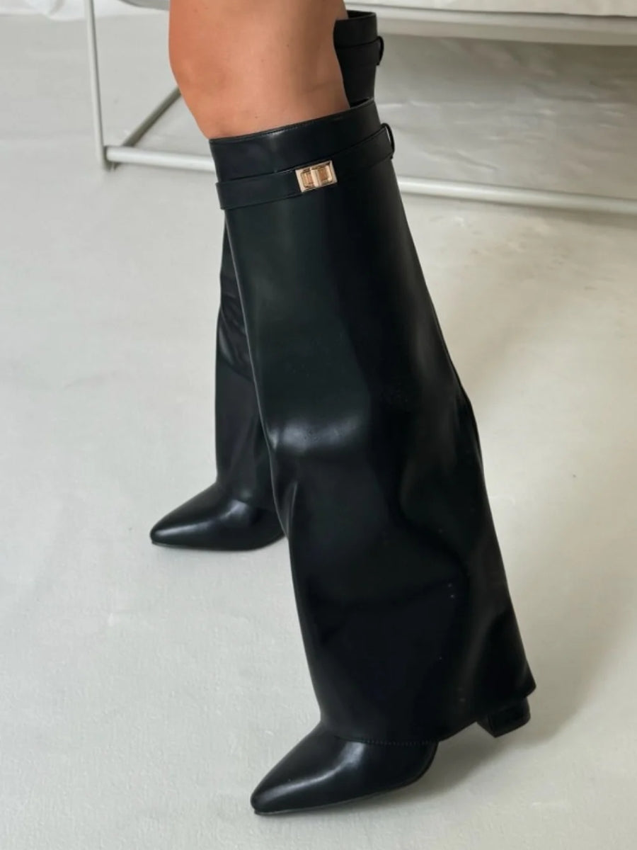Women's Knee-High Synthetic Boots with Buckle Strap and Side Zipper