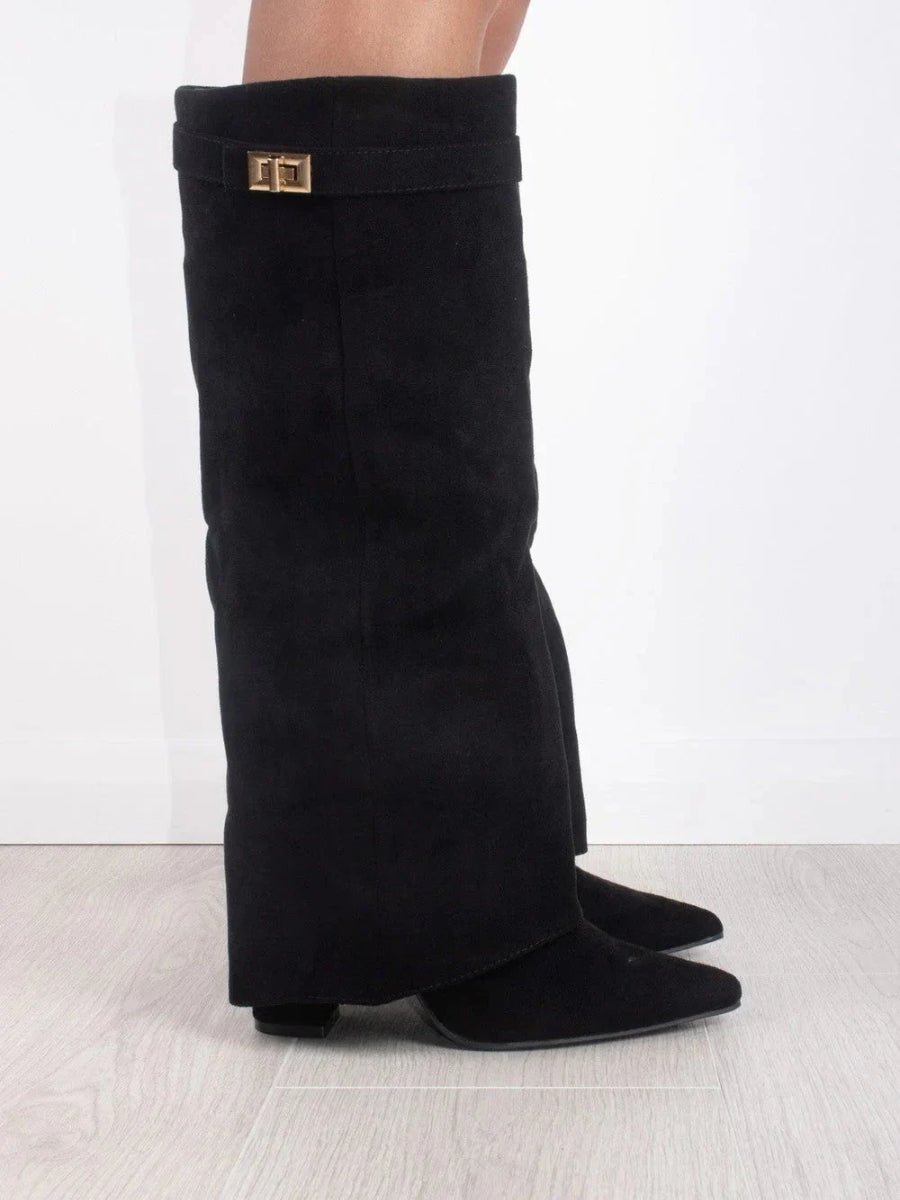Women's Knee-High Synthetic Boots with Buckle Strap and Side Zipper