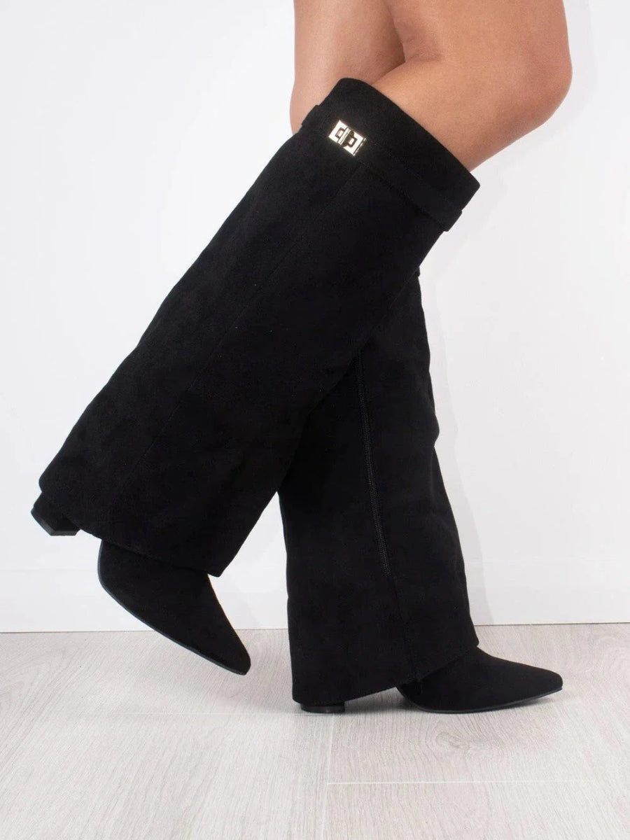 Women's Knee-High Synthetic Boots with Buckle Strap and Side Zipper