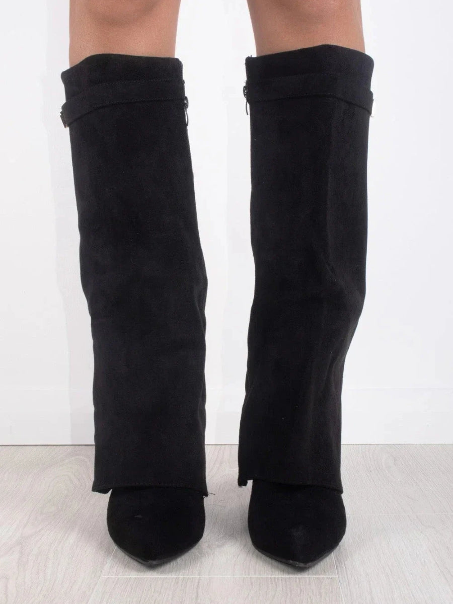 Women's Knee-High Synthetic Boots with Buckle Strap and Side Zipper