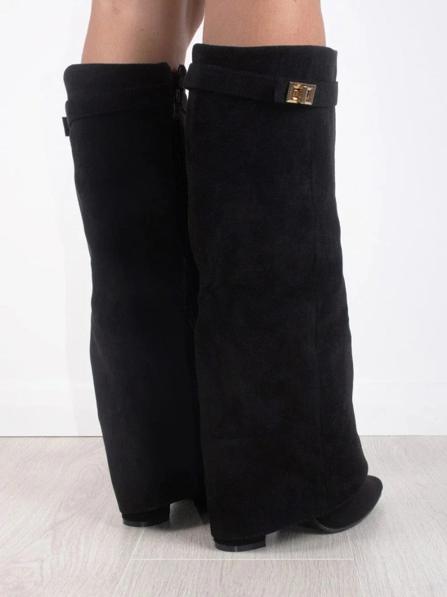 Women's Knee-High Synthetic Boots with Buckle Strap and Side Zipper