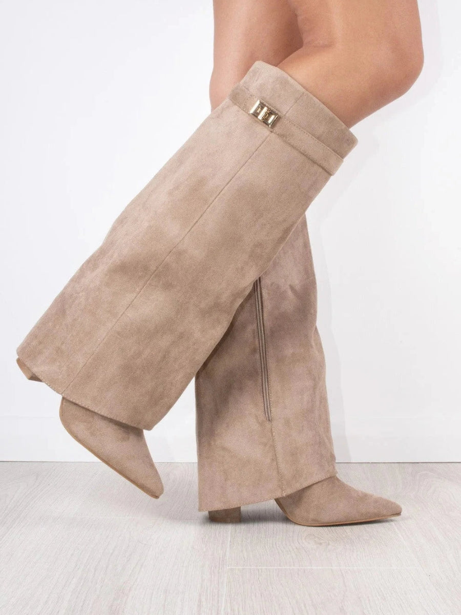 Women's Knee-High Synthetic Boots with Buckle Strap and Side Zipper