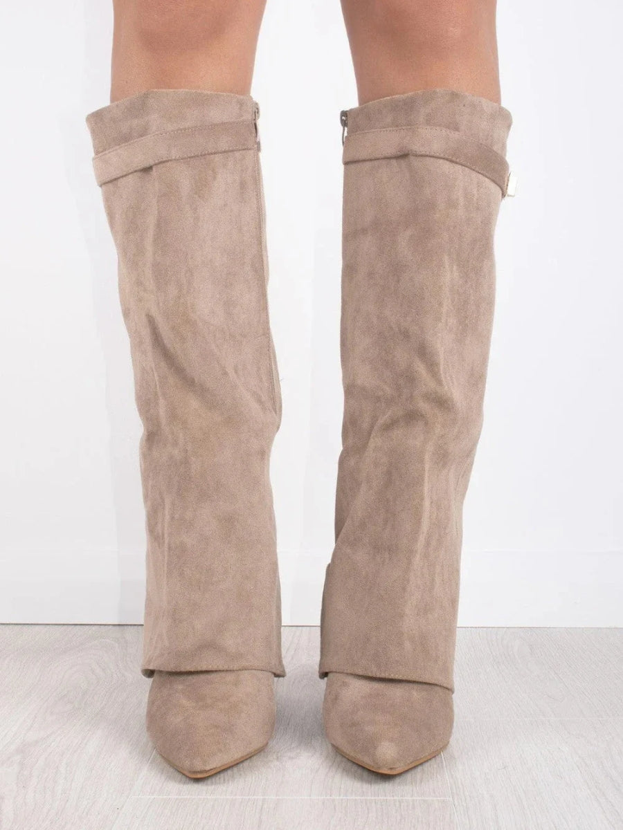 Women's Knee-High Synthetic Boots with Buckle Strap and Side Zipper