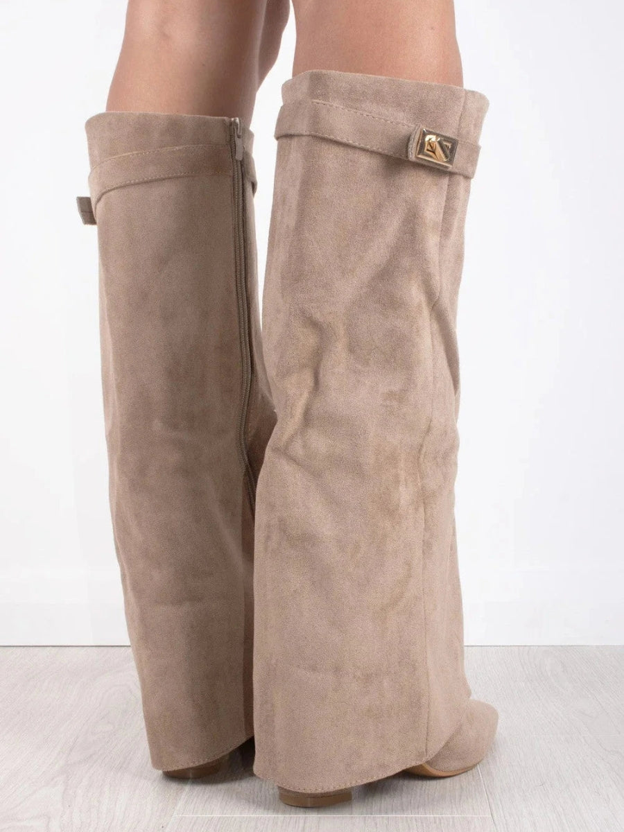 Women's Knee-High Synthetic Boots with Buckle Strap and Side Zipper