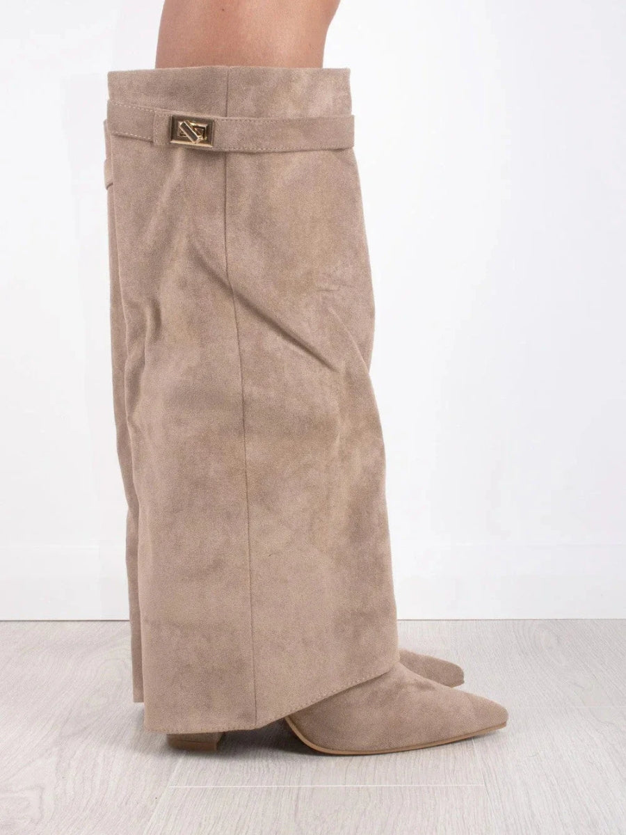 Women's Knee-High Synthetic Boots with Buckle Strap and Side Zipper