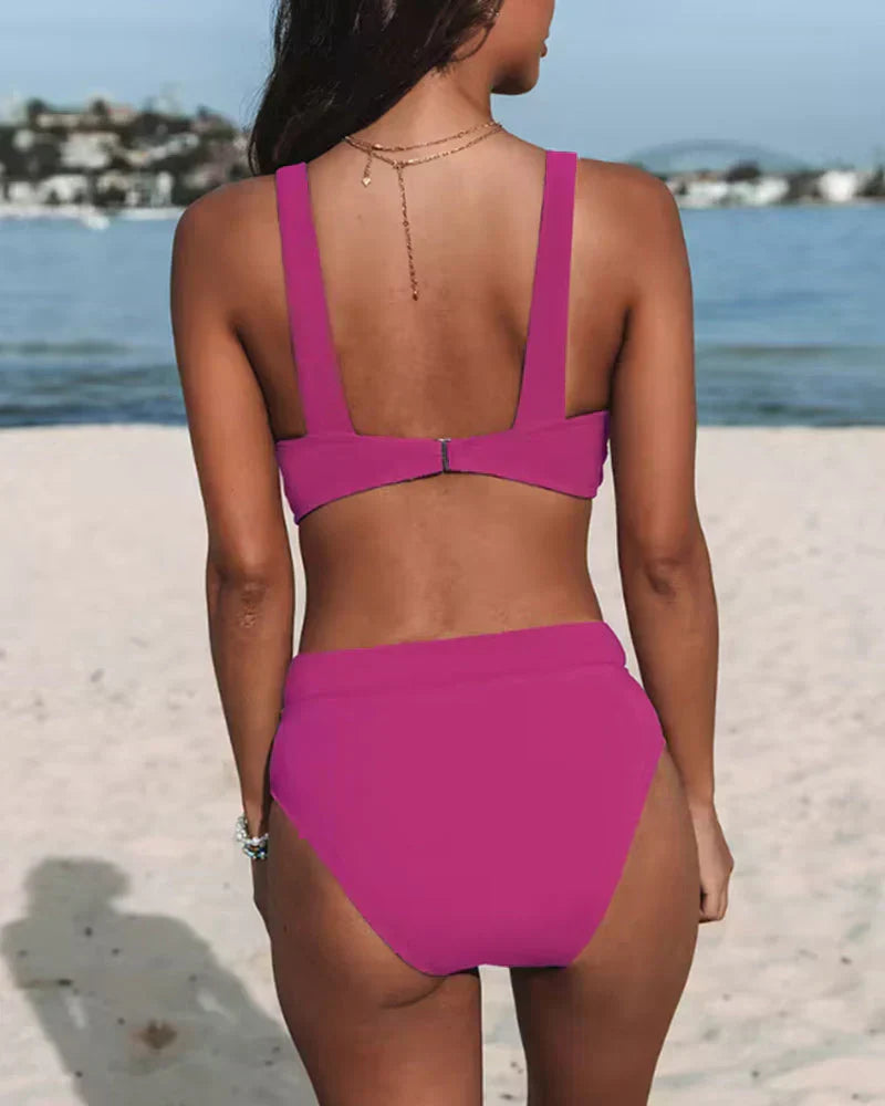 Women's Knit Bikini Set with V Neck and High Waist