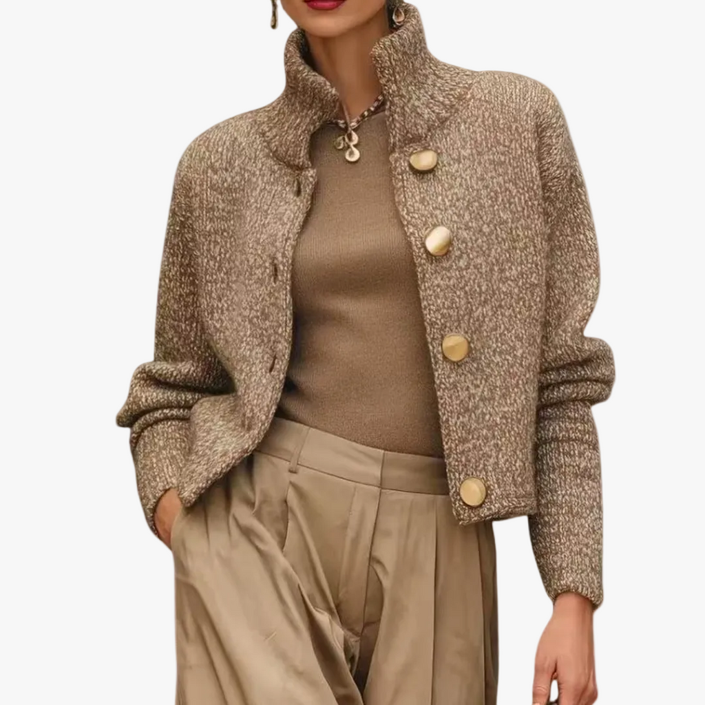 Women's Knit Blend Sweater Jacket with Stand Collar and Button Front