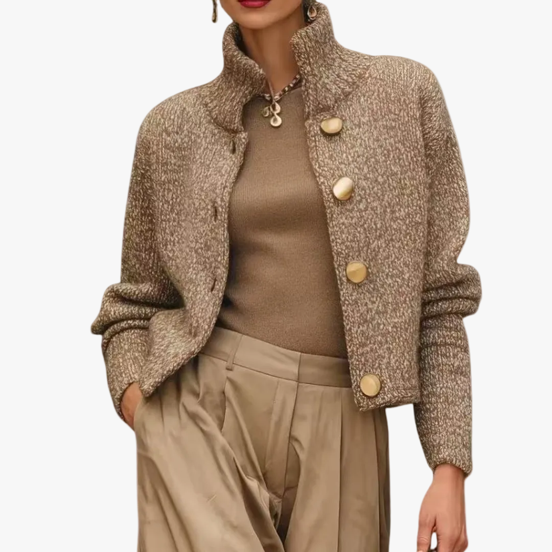 Women's Knit Blend Sweater Jacket with Stand Collar and Button Front