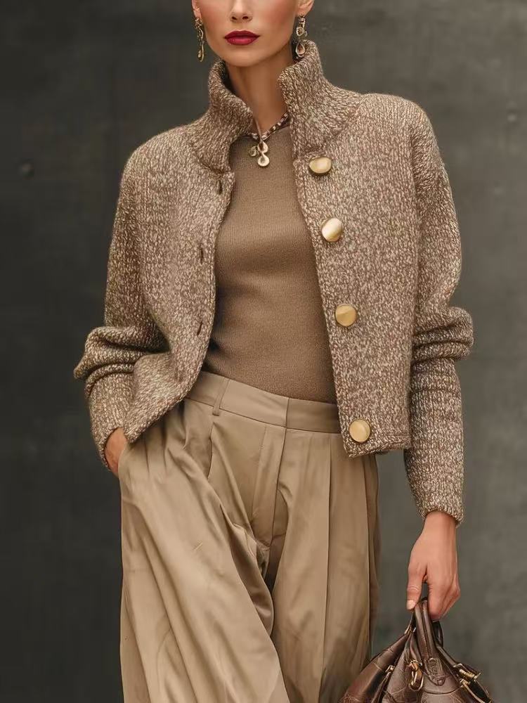 Women's Knit Blend Sweater Jacket with Stand Collar and Button Front