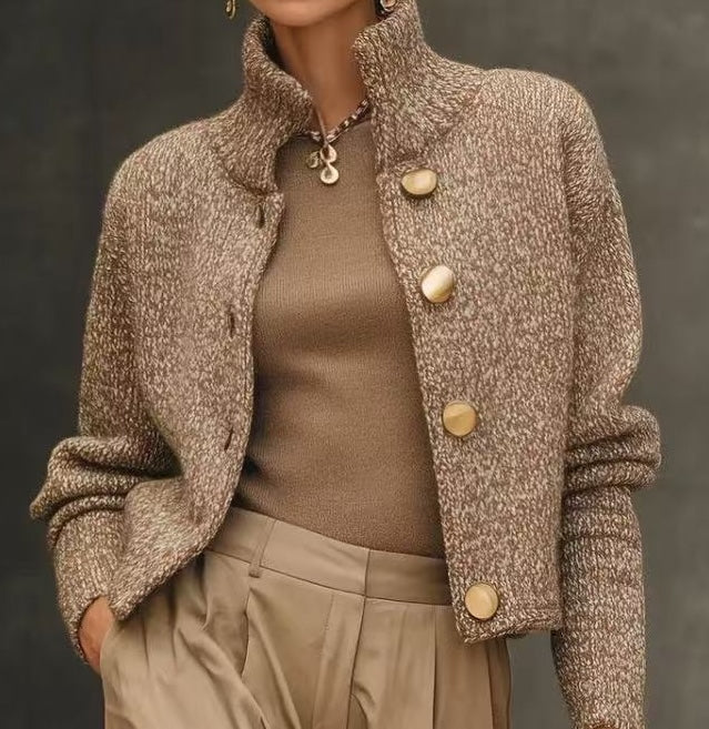 Women's Knit Blend Sweater Jacket with Stand Collar and Button Front