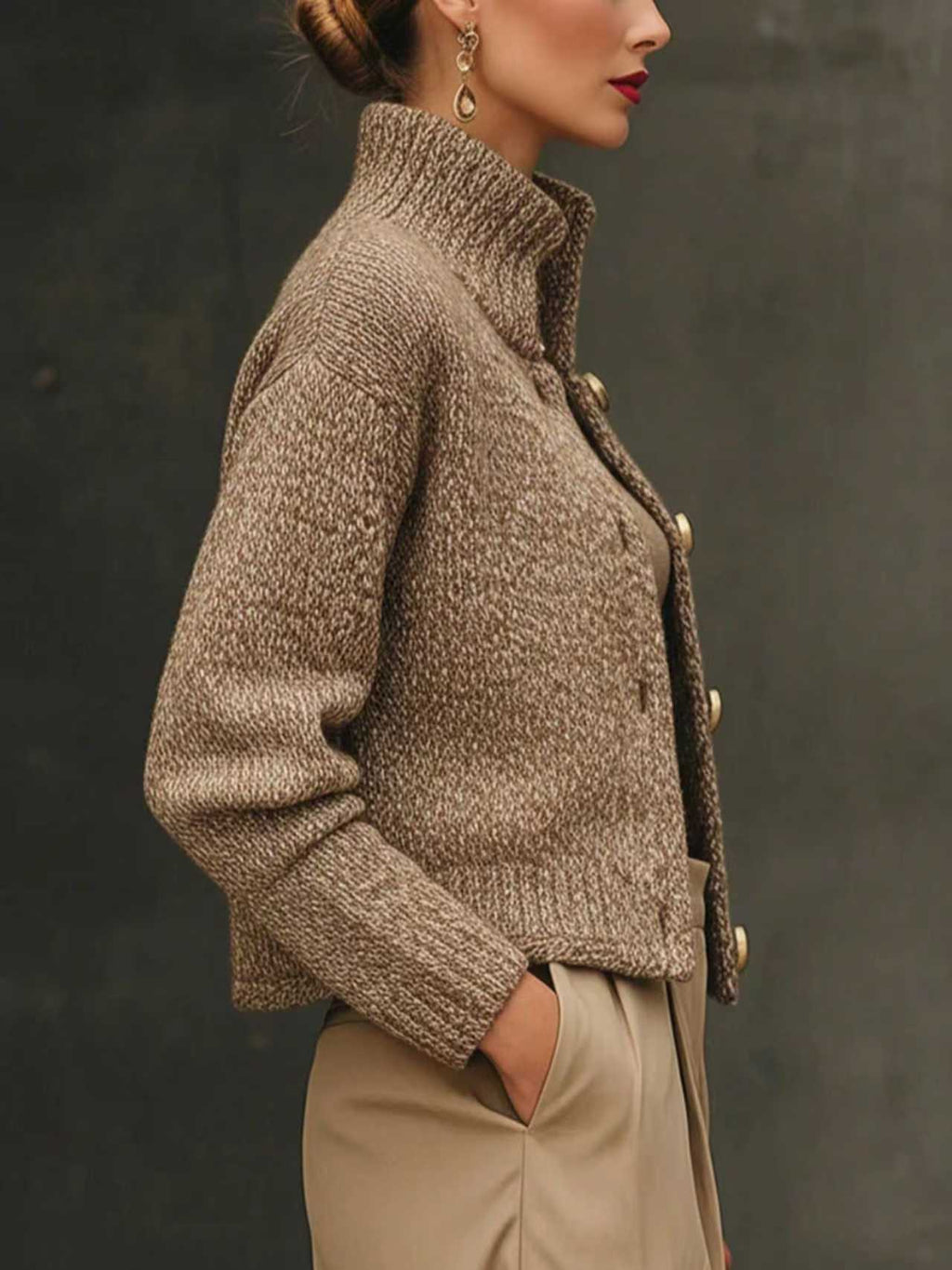Women's Knit Blend Sweater Jacket with Stand Collar and Button Front
