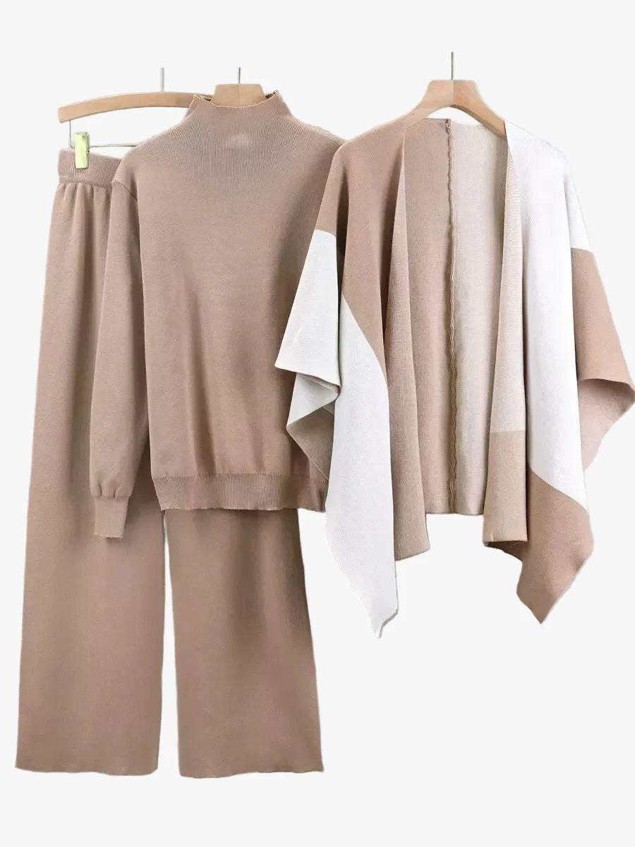 Women's Knit Blend Sweater Set with Mock Neck and Open-Front Cape