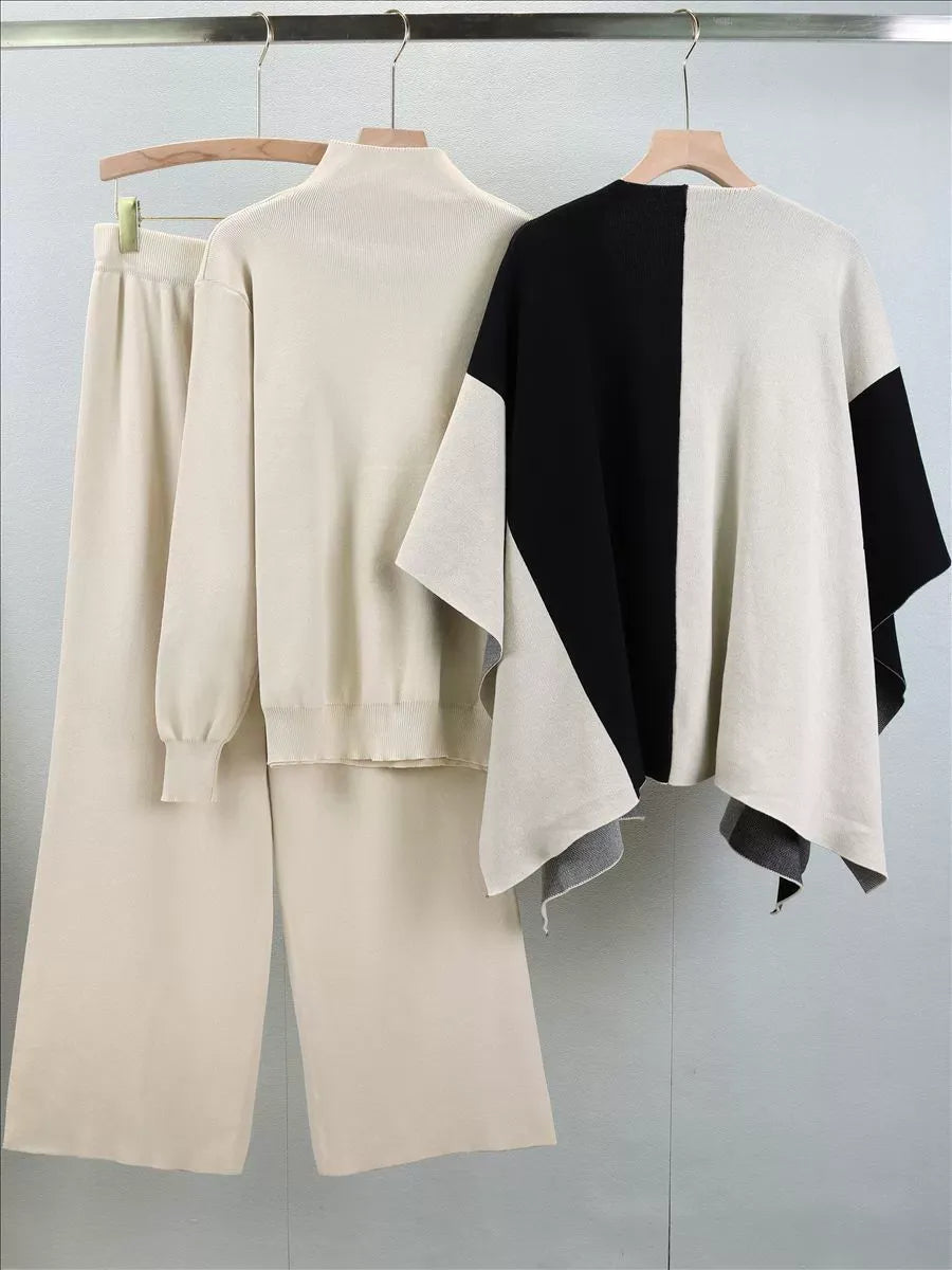 Women's Knit Blend Sweater Set with Mock Neck and Open-Front Cape