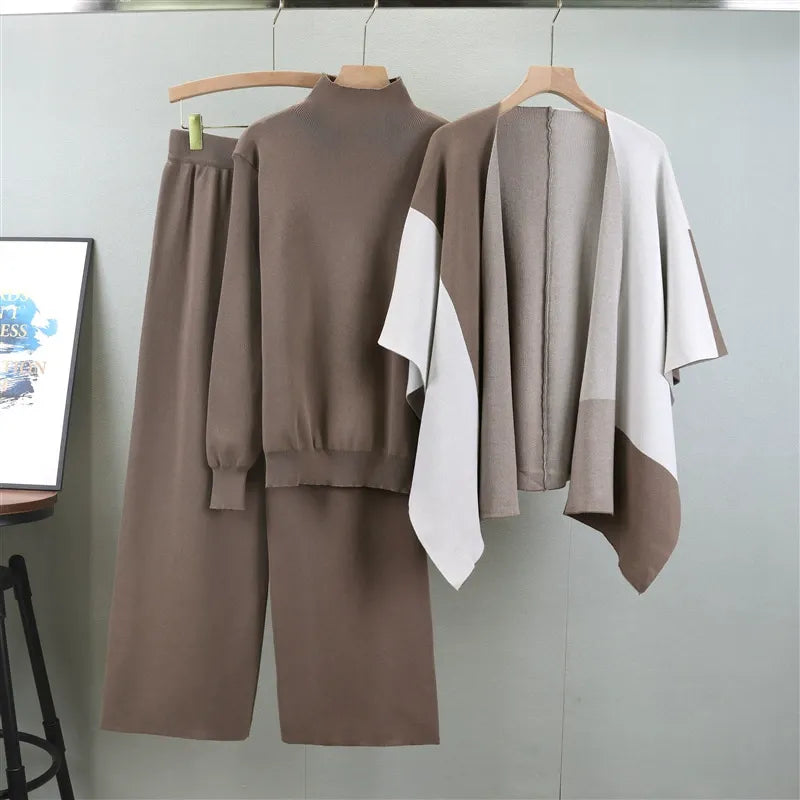 Women's Knit Blend Sweater Set with Mock Neck and Open-Front Cape