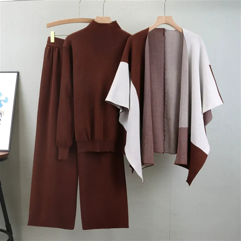 Women's Knit Blend Sweater Set with Mock Neck and Open-Front Cape