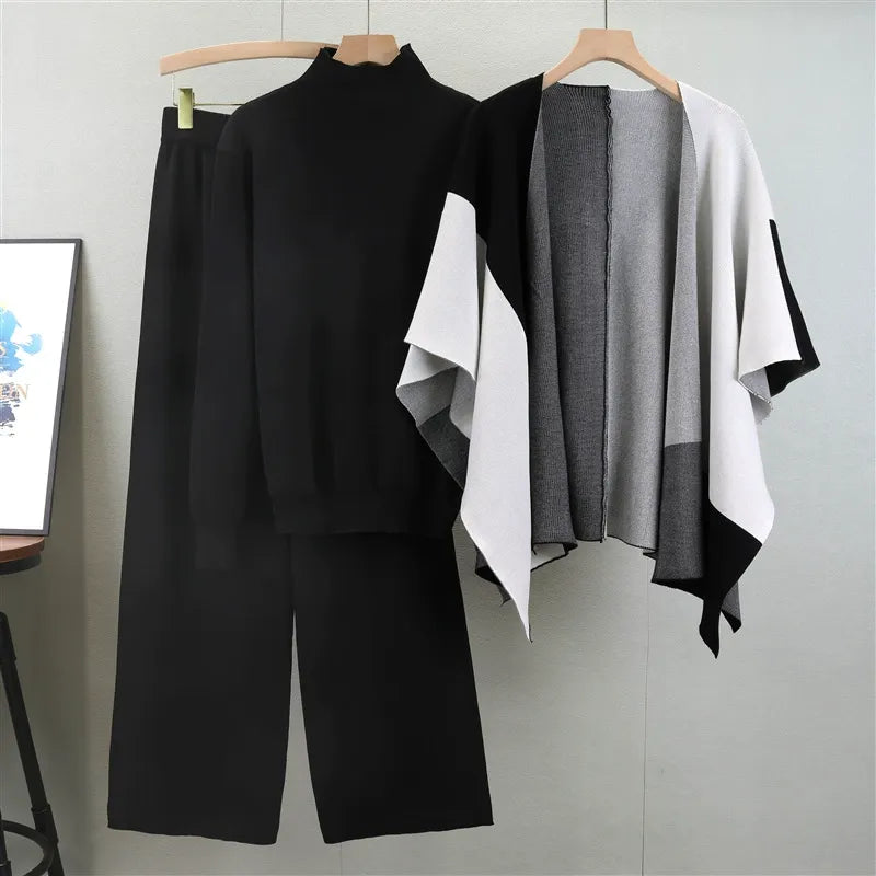 Women's Knit Blend Sweater Set with Mock Neck and Open-Front Cape
