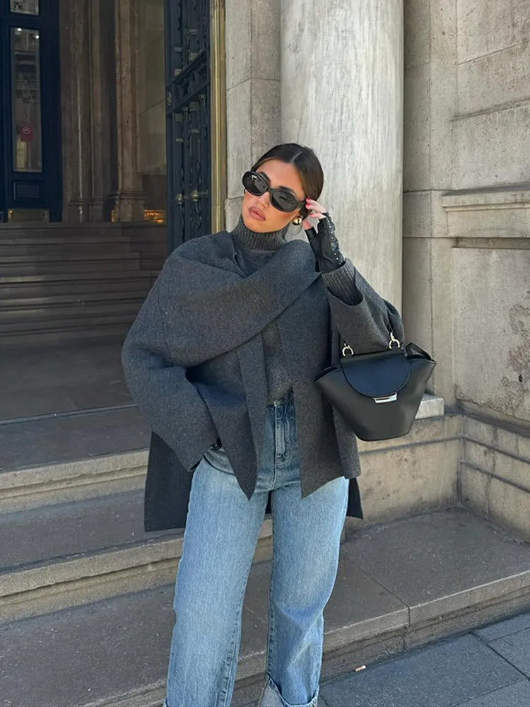 Women's Knit Cape Coat with Draped Collar and Neck Button