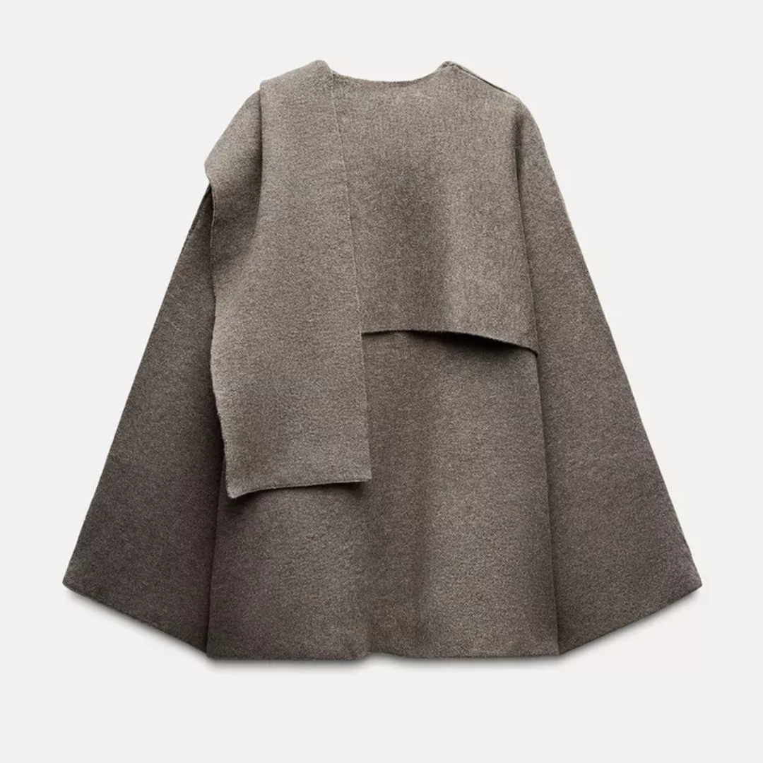 Women's Knit Cape Coat with Draped Collar and Neck Button