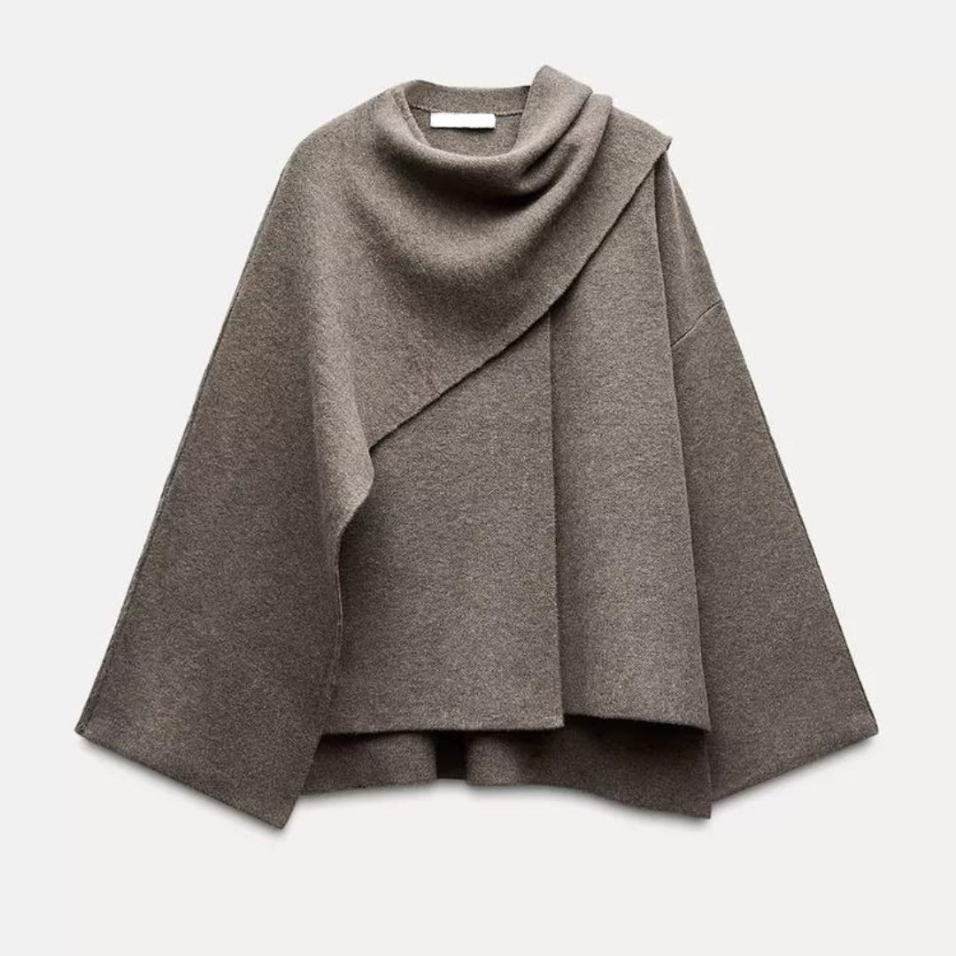 Women's Knit Cape Coat with Draped Collar and Neck Button