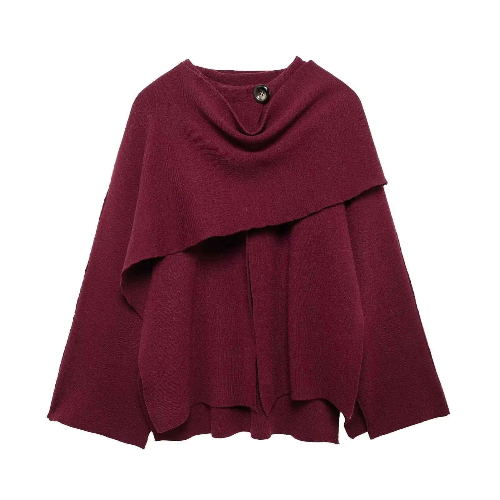 Women's Knit Cape Coat with Draped Collar and Neck Button