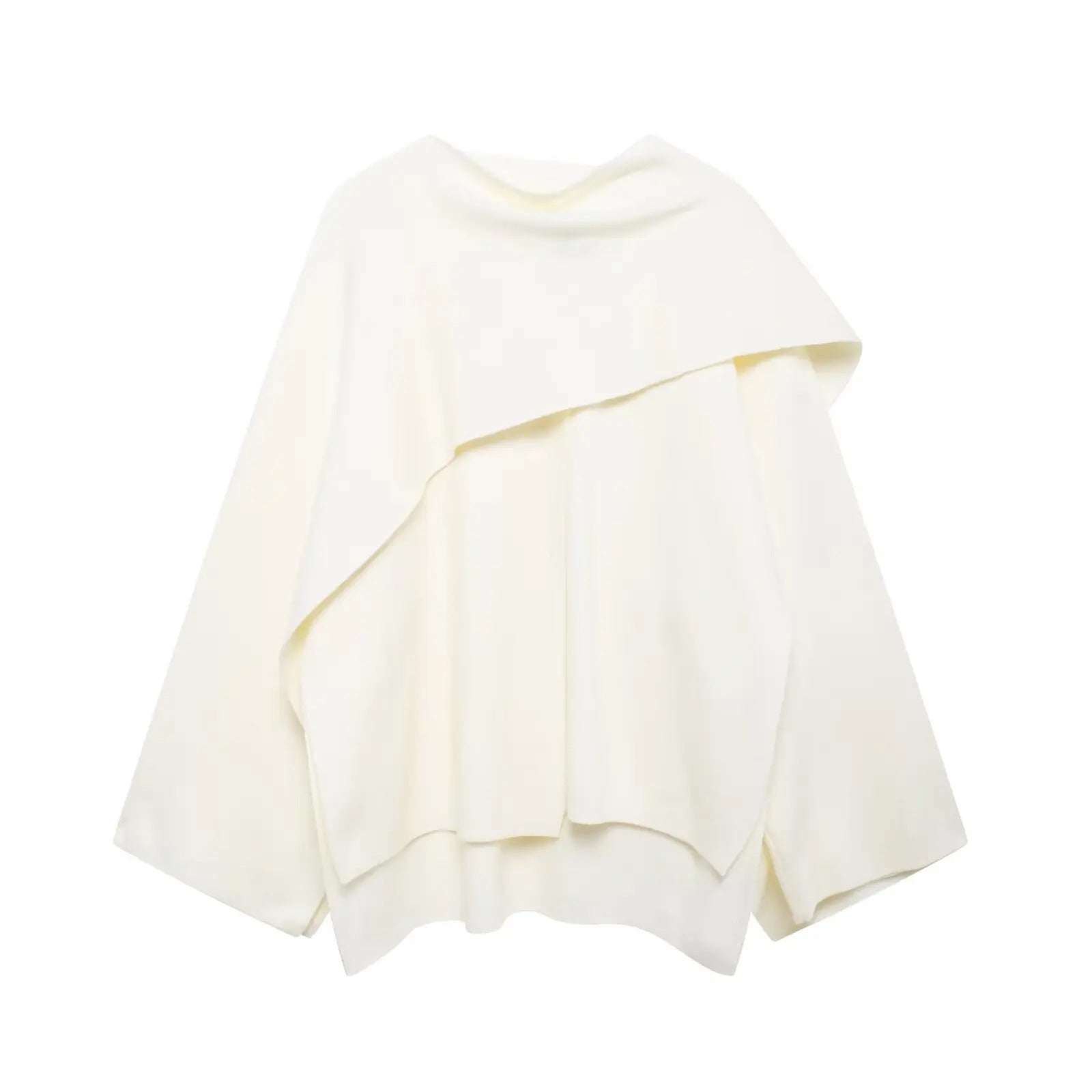 Women's Knit Cape Coat with Draped Collar and Neck Button