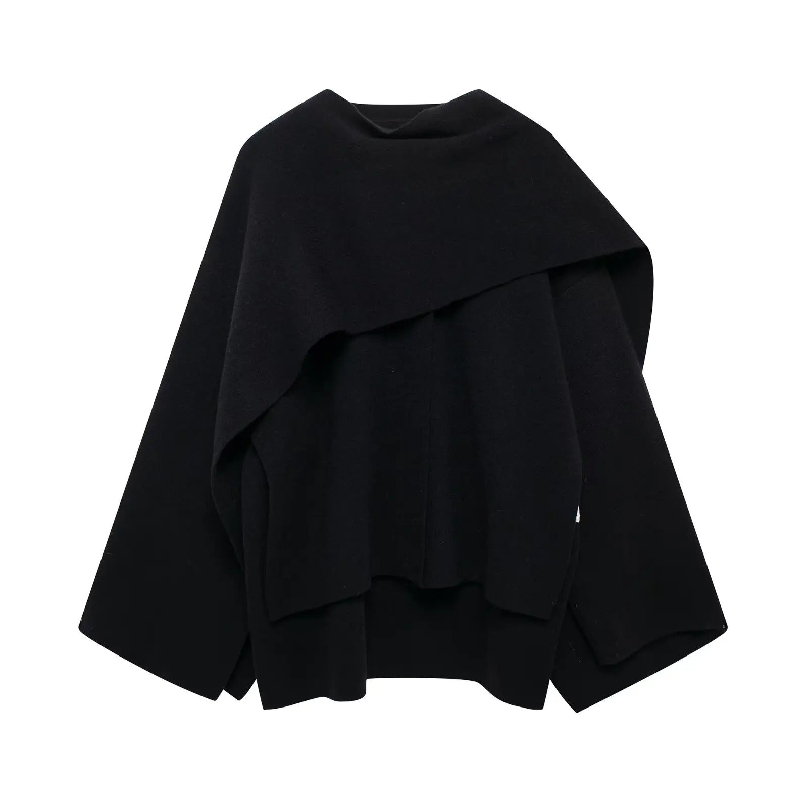 Women's Knit Cape Coat with Draped Collar and Neck Button