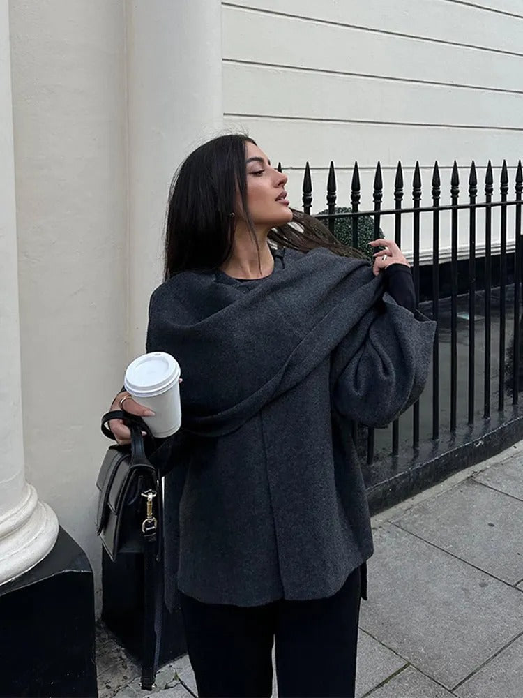 Women's Knit Cape Coat with Draped Collar and Neck Button