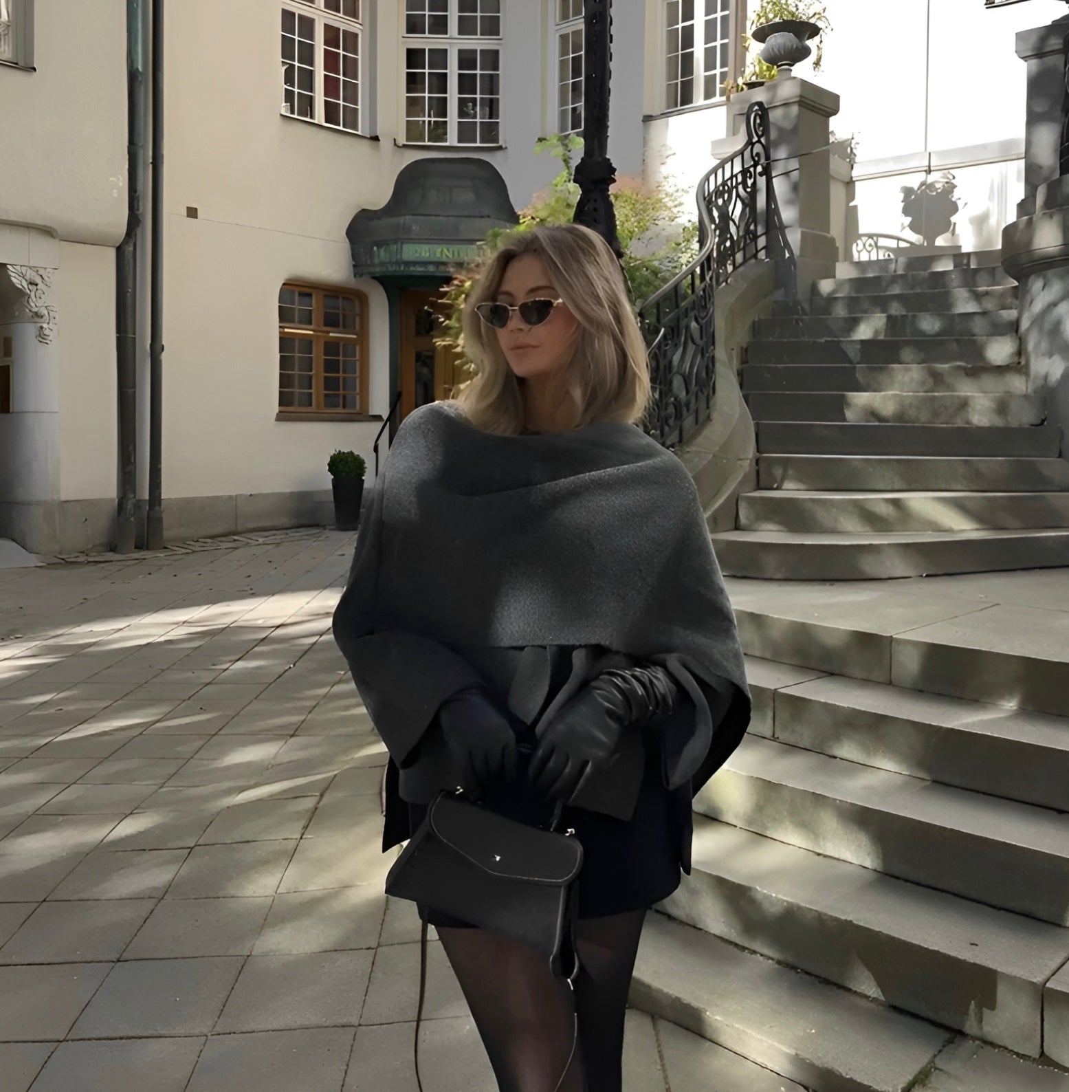 Women's Knit Cape Coat with Draped Collar and Neck Button