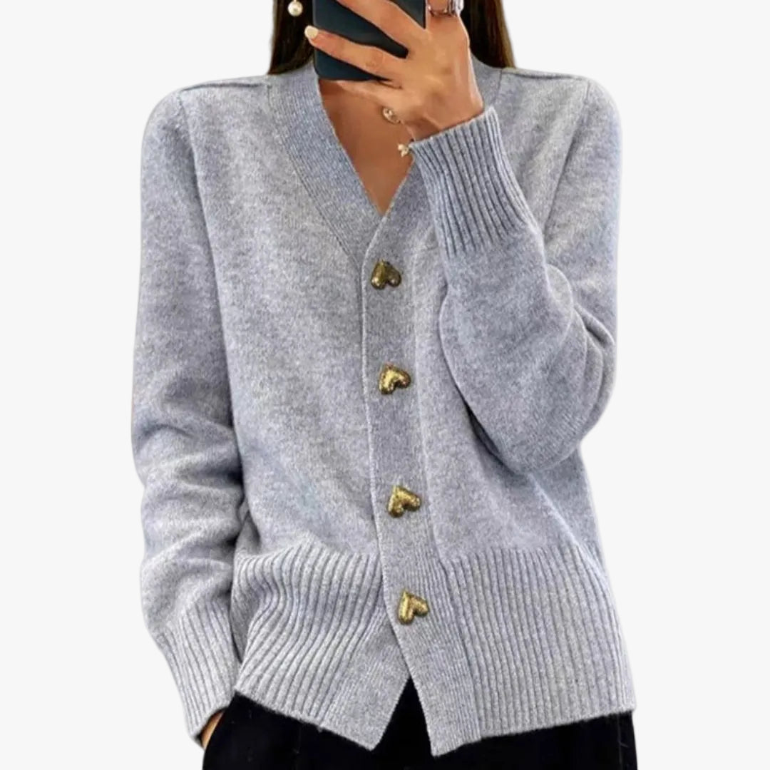 Women's Knit Cardigan with V-Neck and Heart Button Front