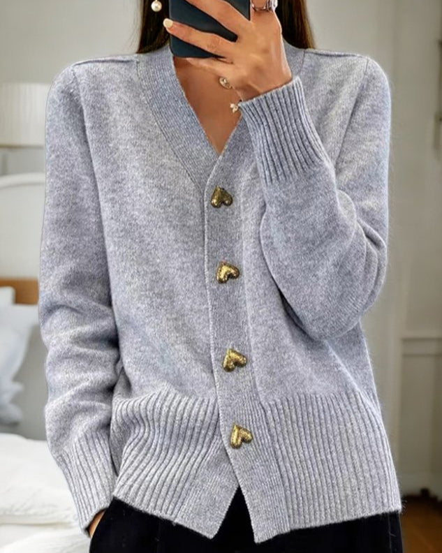 Women's Knit Cardigan with V-Neck and Heart Button Front