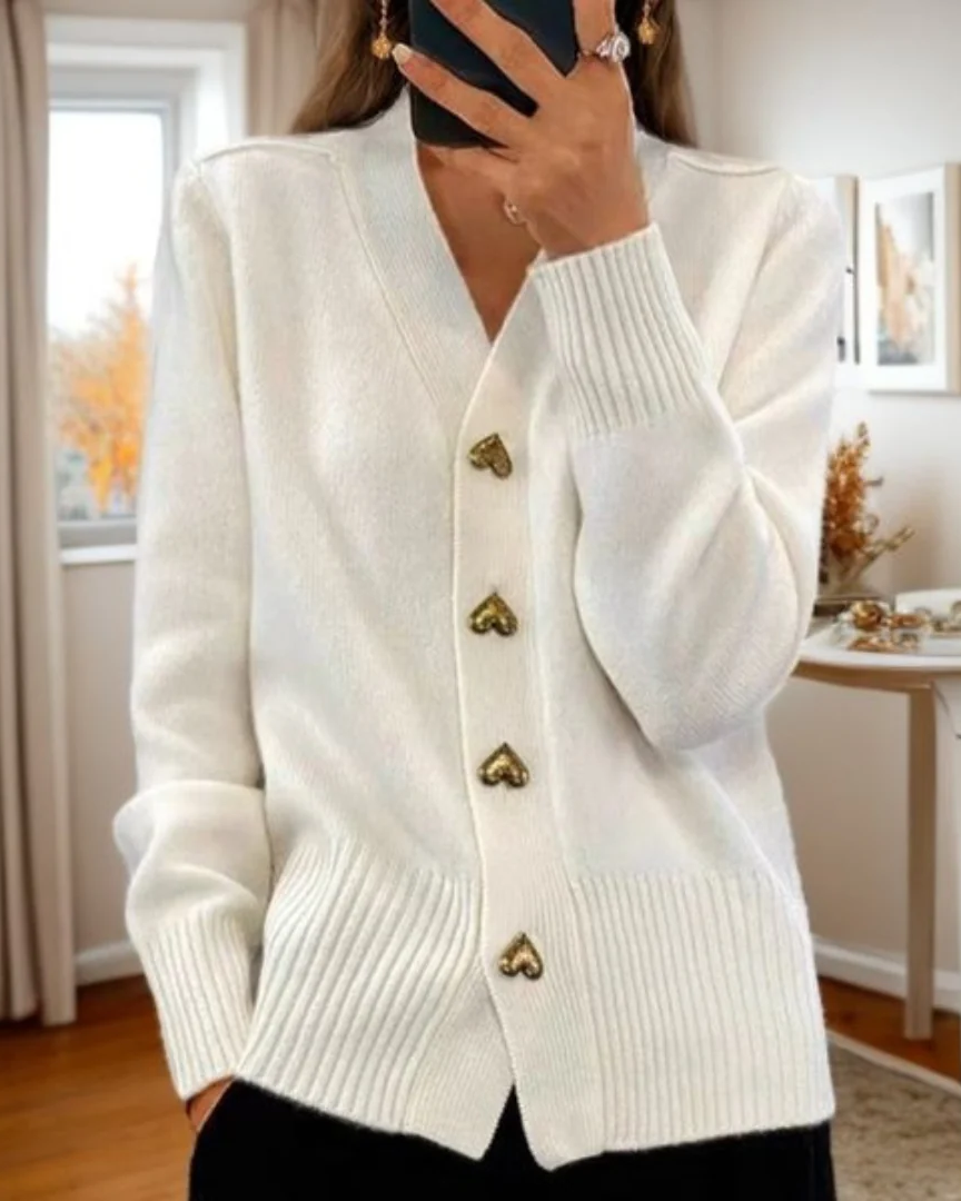 Women's Knit Cardigan with V-Neck and Heart Button Front