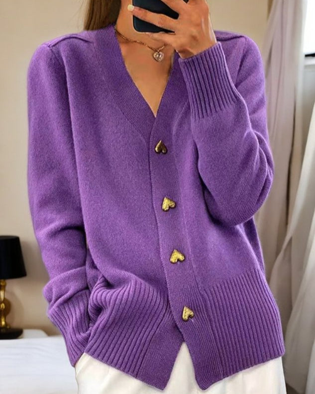Women's Knit Cardigan with V-Neck and Heart Button Front