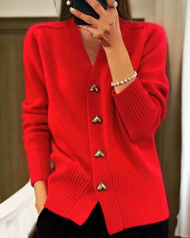 Women's Knit Cardigan with V-Neck and Heart Button Front